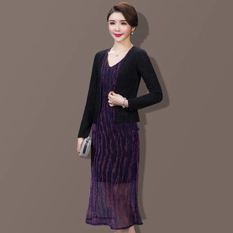 Hot Product 2 Pieces Fashion Free Shipping Spring Autumn Dress Women Work Wear Set Suits Black Color Plus Size Medium Old Age Clothes