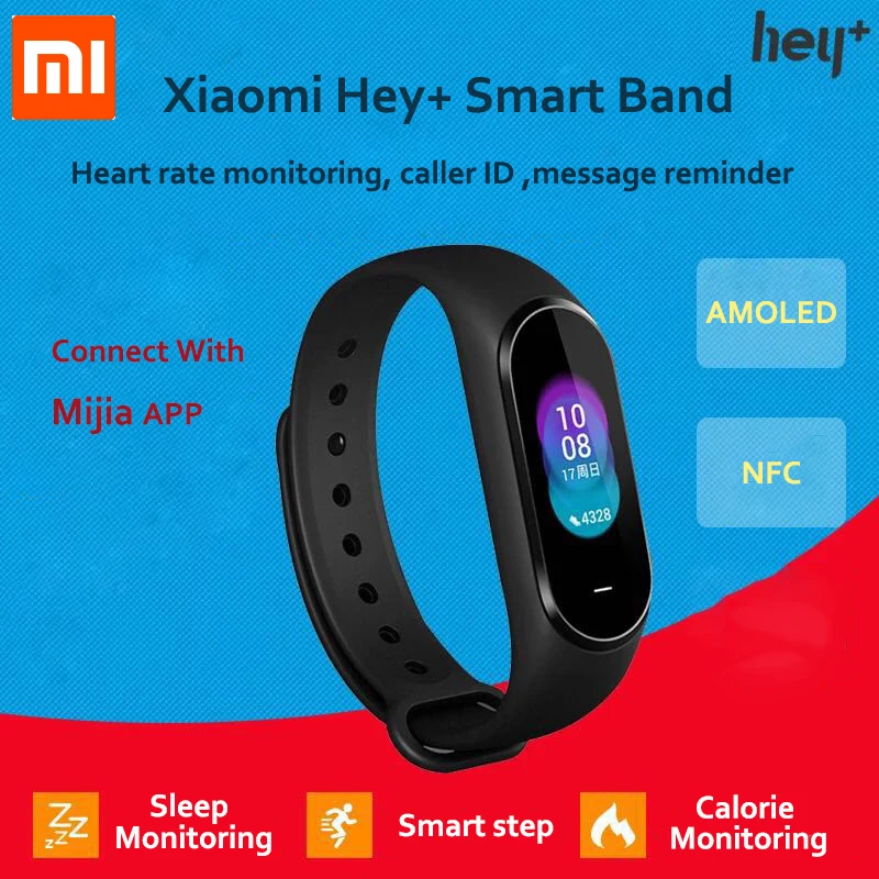 В наличии Xiaomi Hey Plus Smartband 0 95 дюймов AMOLED цветной экран Builtin Multifunction NFC пульсометр +