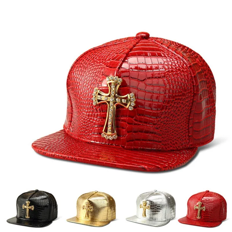 MissFox хип хоп женская мужская шляпа Золотой Крест Cz инкрустированный камнями черные шапки мужские плоские полями крокодиловый узор кепки в стиле хип-хоп