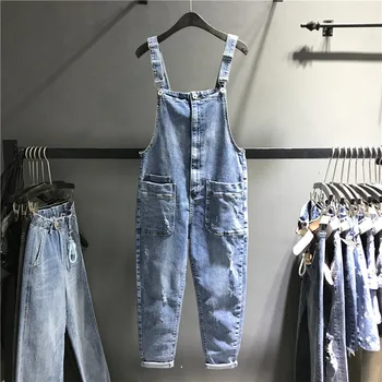 

European Spring 2019 New Student Girls Jeans Suspender Pants Women's Loose Romper Overalls Casual Denim Harem Pants