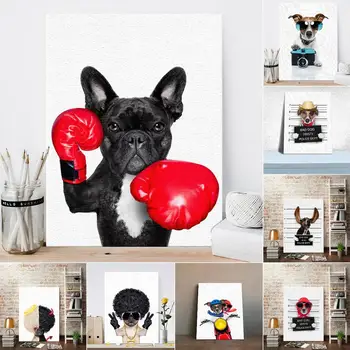 

Nordic Style Boxing Dog Canvas No Frame Art Print Painting Poster Funny Cartoon Animal Wall Pictures for Kids Room Decoration
