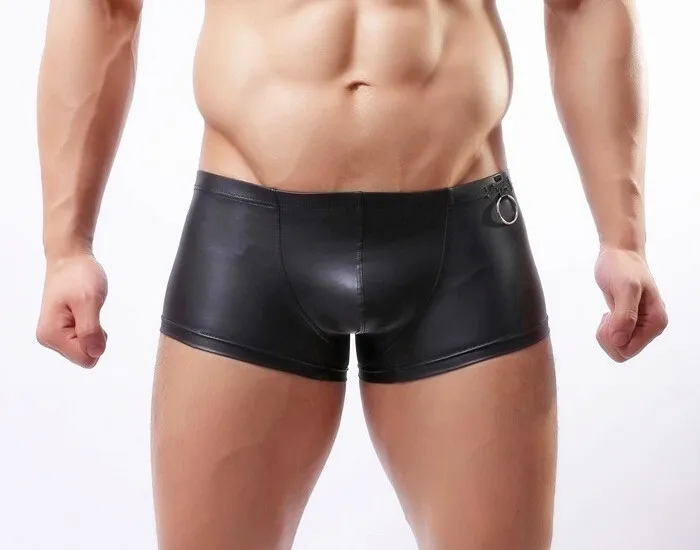 Mens Sexy Fun Boxer Shorts Patent Leather With Ring Underwear Slim Fit Boxers -