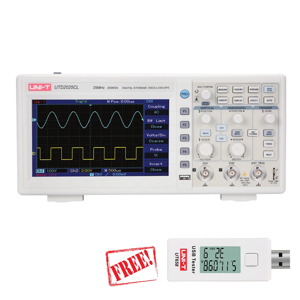 

UNI-T UTD2025CL Digital Storage Oscilloscopes 2CH 25MHZ Scopemeter Scope meter 7 inches widescreen LCD displays USB Tester(Free)