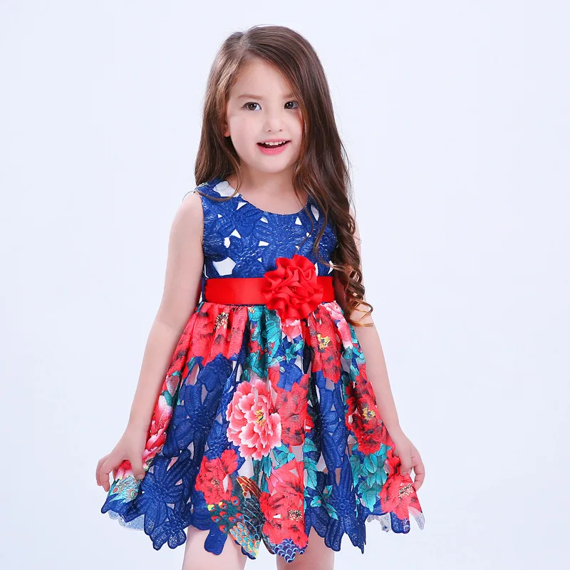 Baby Girls Summer Dress Blue Floral Print Kids Party Dresses for Girls