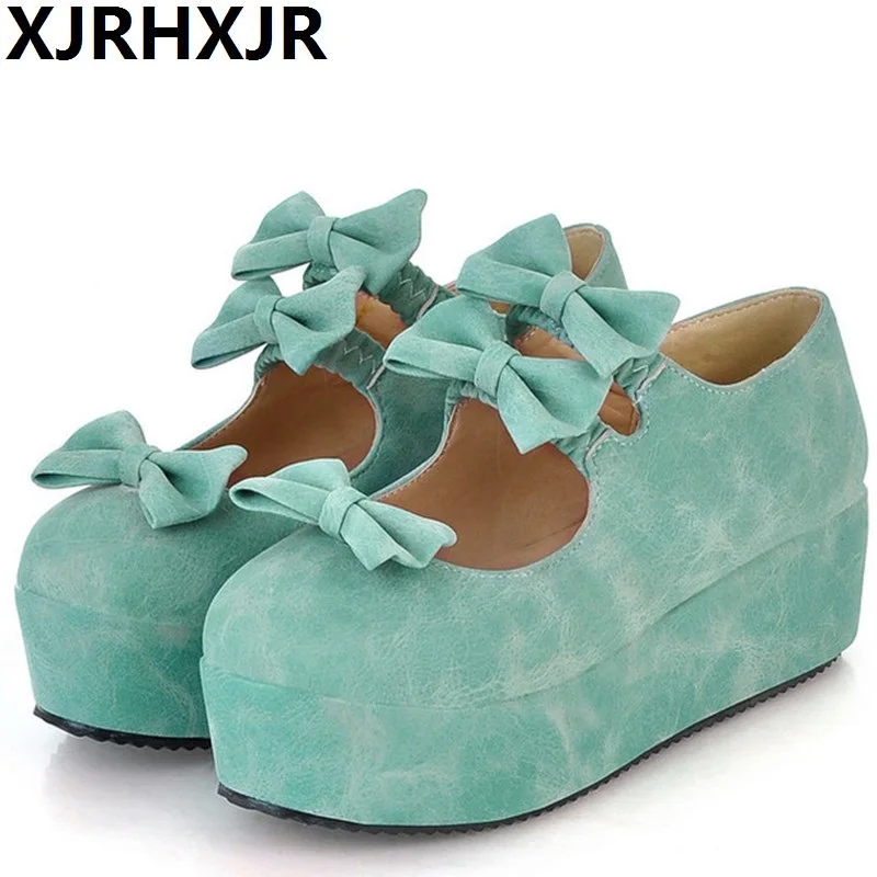 

XJRHXJR Brand New Sweet Lolita Japanese Bow Thick Bottom Thick Platform Beige Pink COS Female Student Shoes Tide Med Heels 5cm