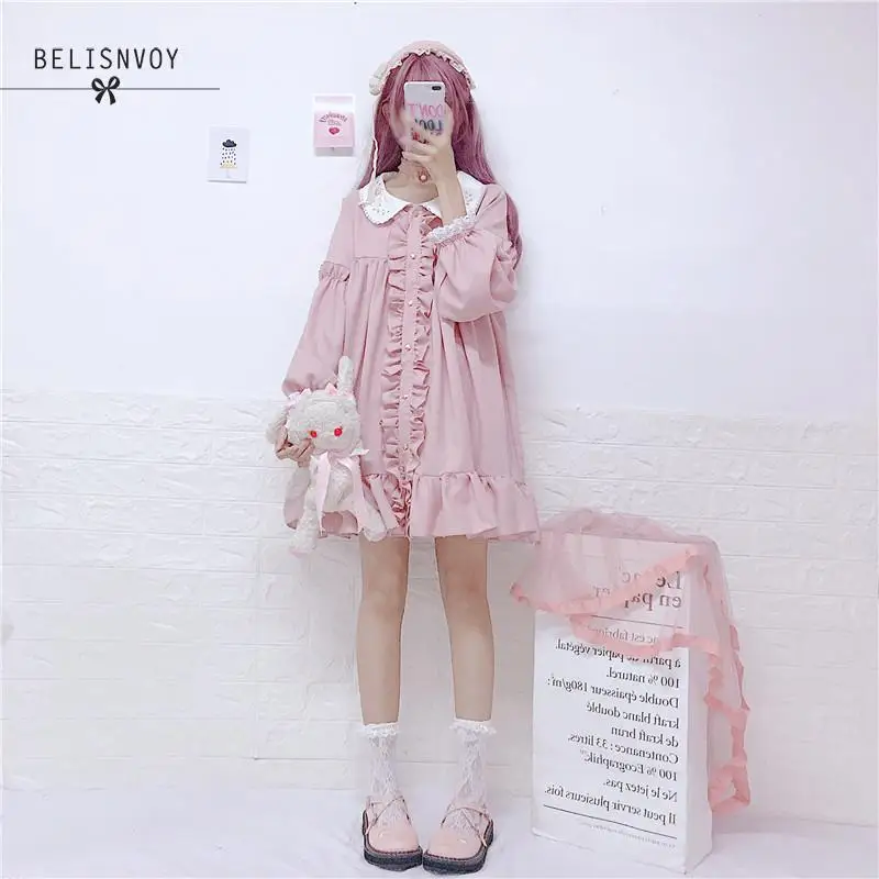 

Japanese Sweet Lolita Dress Women Harajuku Solid Pink Bow Peter Pan Collar Cosplay Costume Kawaii Anime Party Mini Dress