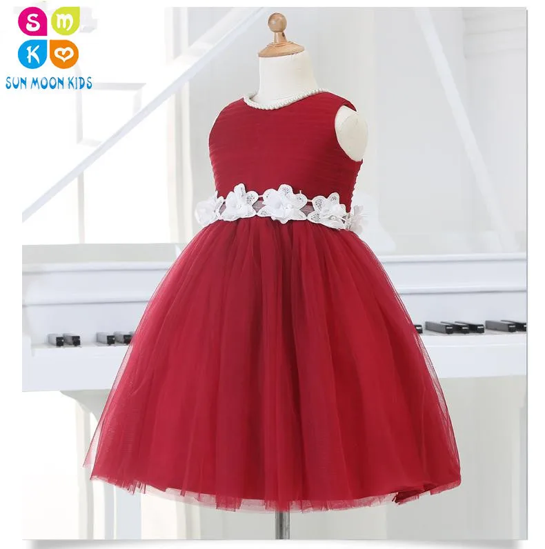 

Newborn Baby Red Princess Party Birthday Dresses White Appliques Belt Wedding Dress For Christmas With Pearl 9-24M