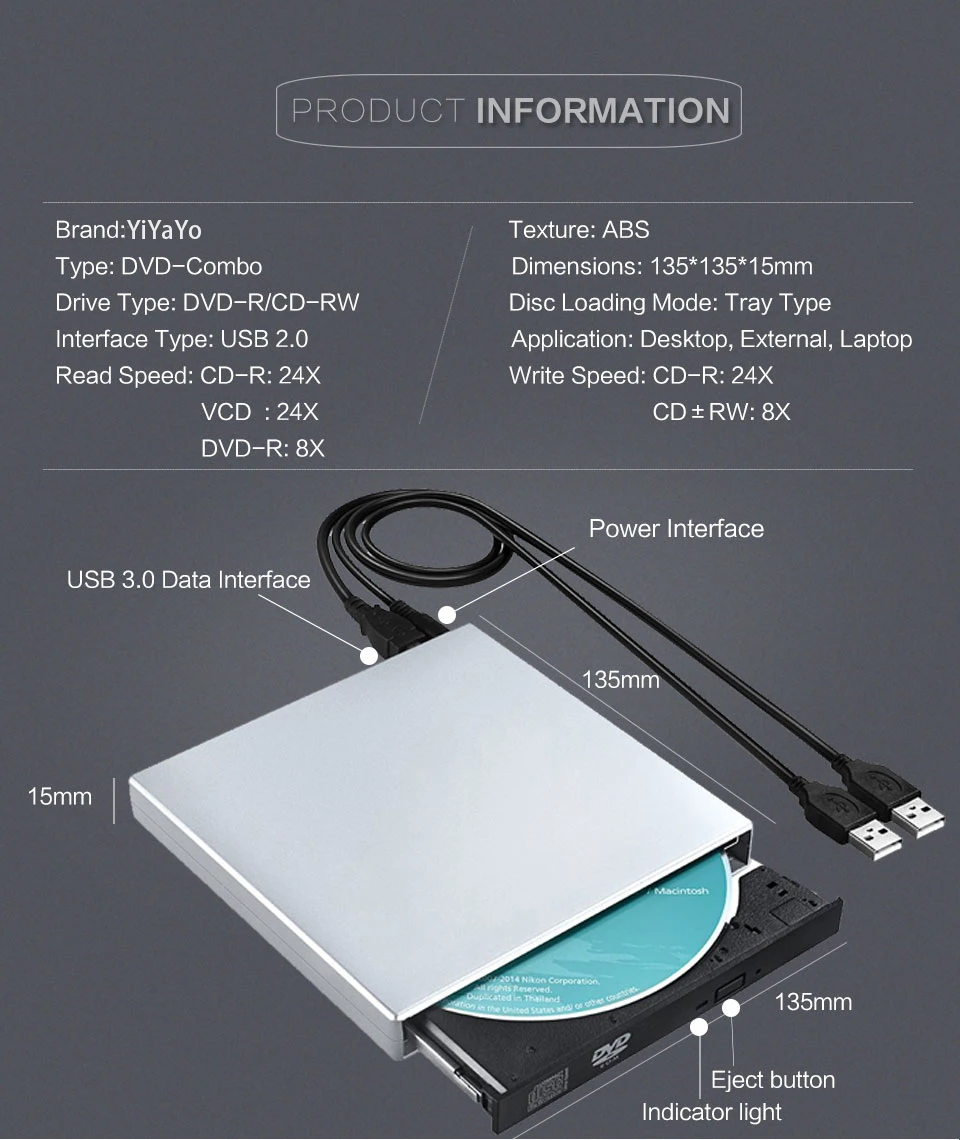 YiYaYo USB 2,0 Внешний оптический dvd привод CD/DVD-ROM плеер CD RW ГОРЕЛКА записывающее устройство Портативный для ноутбука компьютер+ сумка для привода