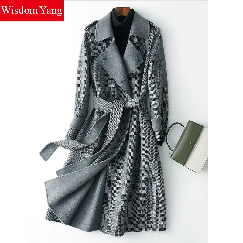 

Winter Coat Beige Plaid Full Sleeve Sheep Wool Gray 2018 Coats Women Loose Long Oversize Button Casual Woolen Overcoat Outerwear