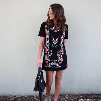 

Women Dresses Floral Print Sundress Round Neck Short Sleeve Dress