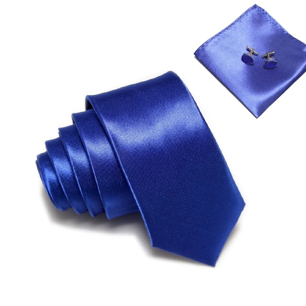 

solid color Narrow Ties for men slim neck tie set cufflinks Pocket Handkerchief