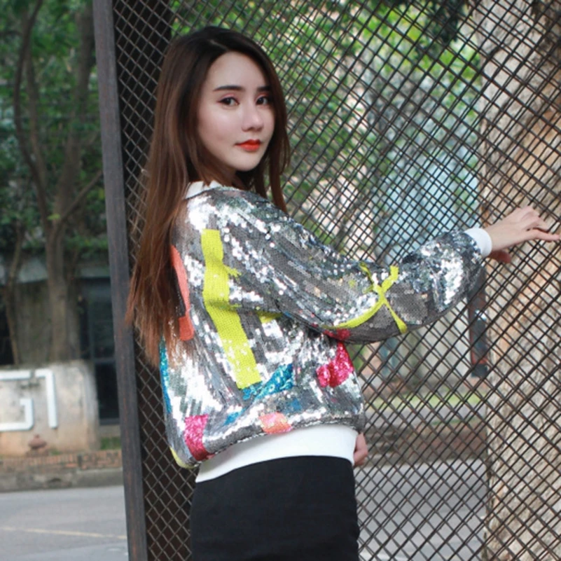 Free Wild Standing Long Sexemara Color Jacket silver Black New Sleeve Sequin Shipping Collar Fashion The qCwXPf
