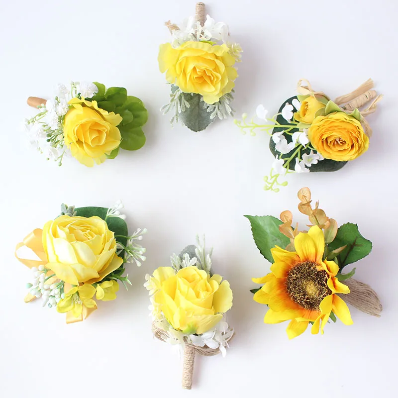 Boutonniere Flowers wedding wrist corsage flowers silk roses yellow  (28)