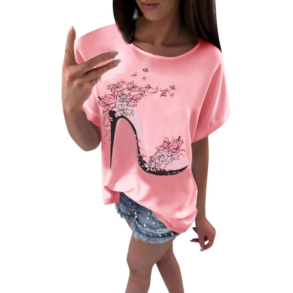 

Feitong Tshirt Women Short Sleeve High Heels Printed Tops Beach Casual Loose O-Neck Top T Shirt Camiseta Mujer T Shirt Women