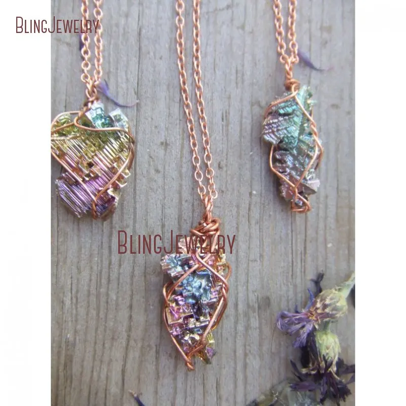 

Small Wire Wrapped Rainbow Pure Bismuth Crystal Pendant Necklace Rose Gold Chain Necklace NM26413