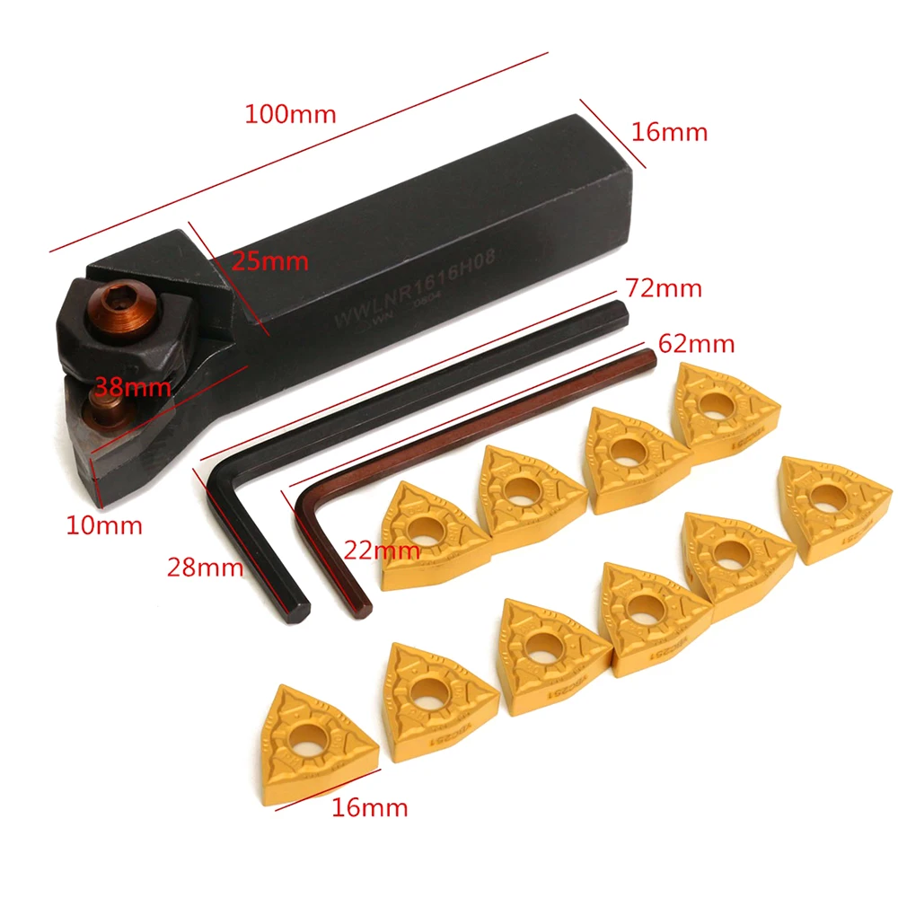 

KKMOON 16x100mm Lathe Turning Tool Holder + 10Pcs WNMG0804 Inserts + 2Pcs Wrenches for Lathe Turning Tool Machine Tool Sets