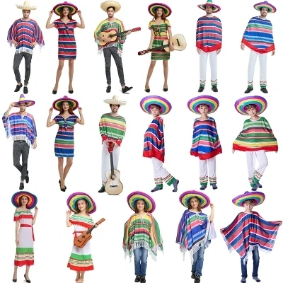 

Halloween Adults Kids children stripe Mexico costume Mexico Cloak cape straw hat for adults and children performance costumes