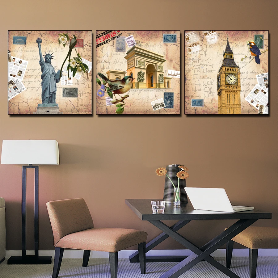 3 Panels Wall Painting Set Vintage Wall Art Canvas Prints Europe