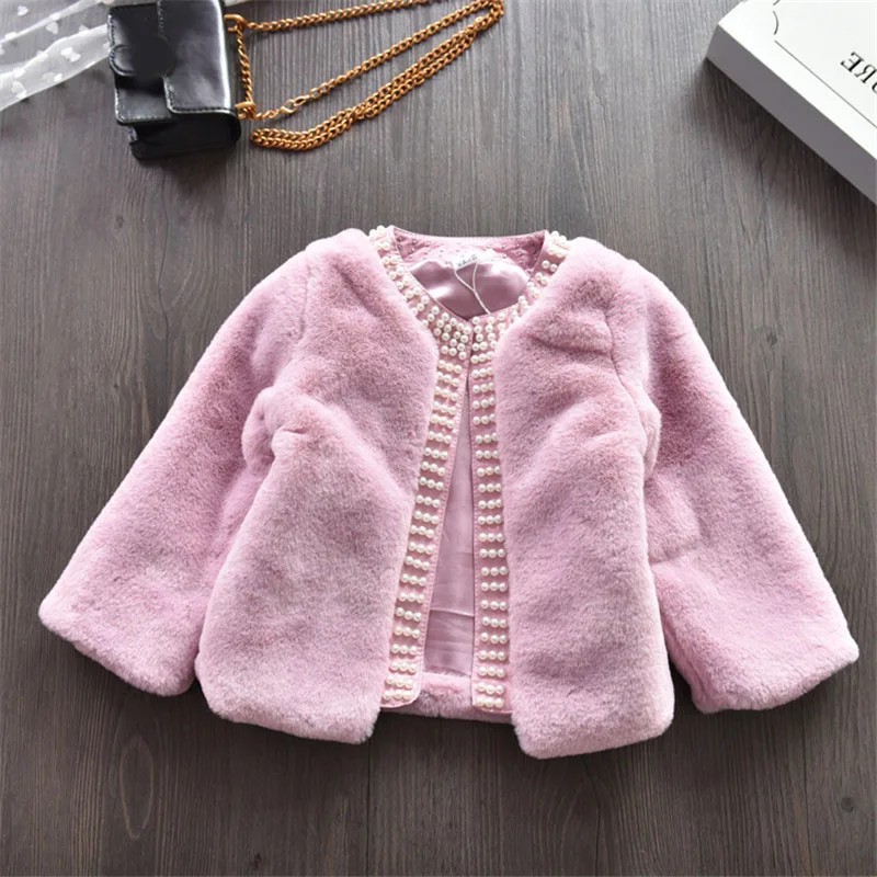 pink Пальто маленькой принцессы для девочек; детская куртка; сезон осень-зима; Верхняя одежда с жемчугом; кожаная Дизайнерская куртка с искусственным мехом; детские топы; детская Рождественская одежда - Цвет: pink