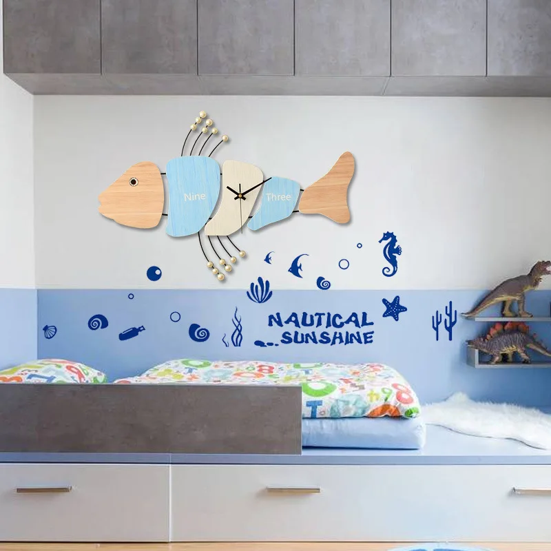 

Creative Wood Big Wall Clock Natural Wood Cartoon Fish Shape Quartz Needle Mute Modern Hanging Watch Child's Room Decoration