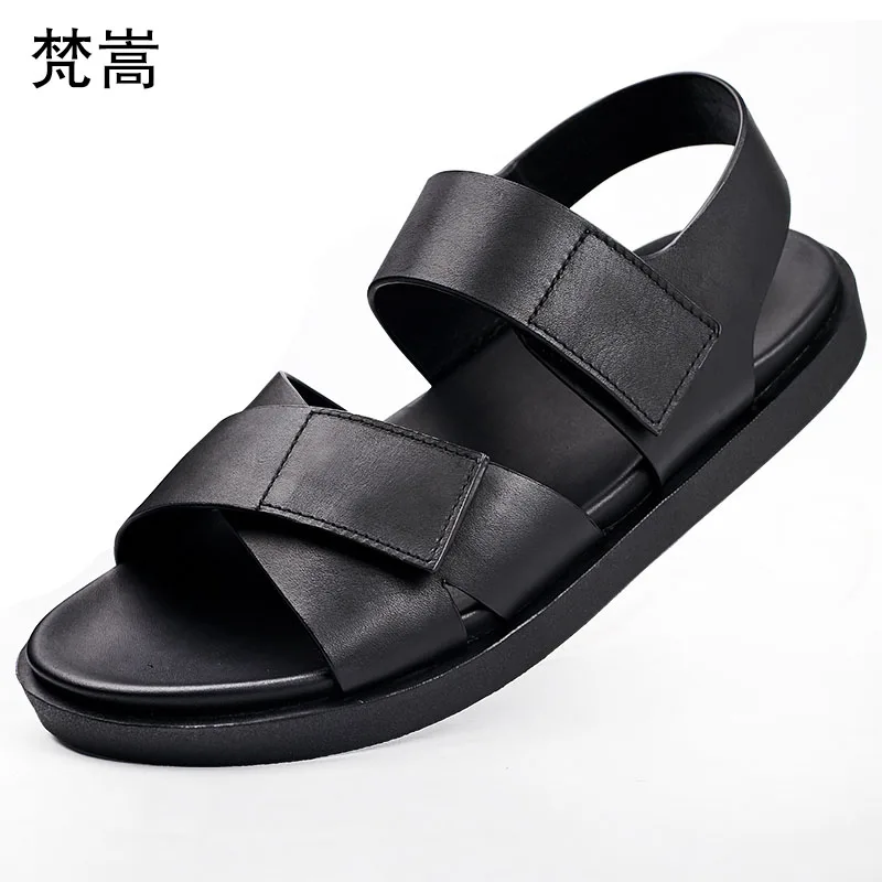 

Summer Genuine leather muffin sandals cowhide breathable open toe beach shoes magic paste leisure slippers mens sandals