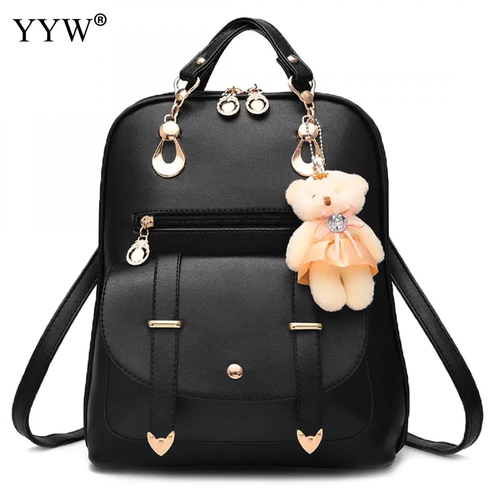 

YYW New Leather Female Backpack Innovative Preppy Style With Little Bear Doll Solid Dual-Use Student Backpack Mochila Feminina