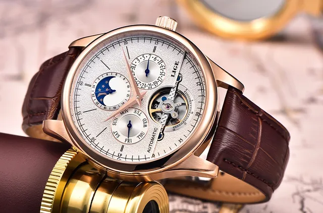 LIGE Brand Men Watches Automatic Mechanical Watch Tourbillon Sport Clock Leather Casual Business Retro Wristwatch Relojes Hombre -