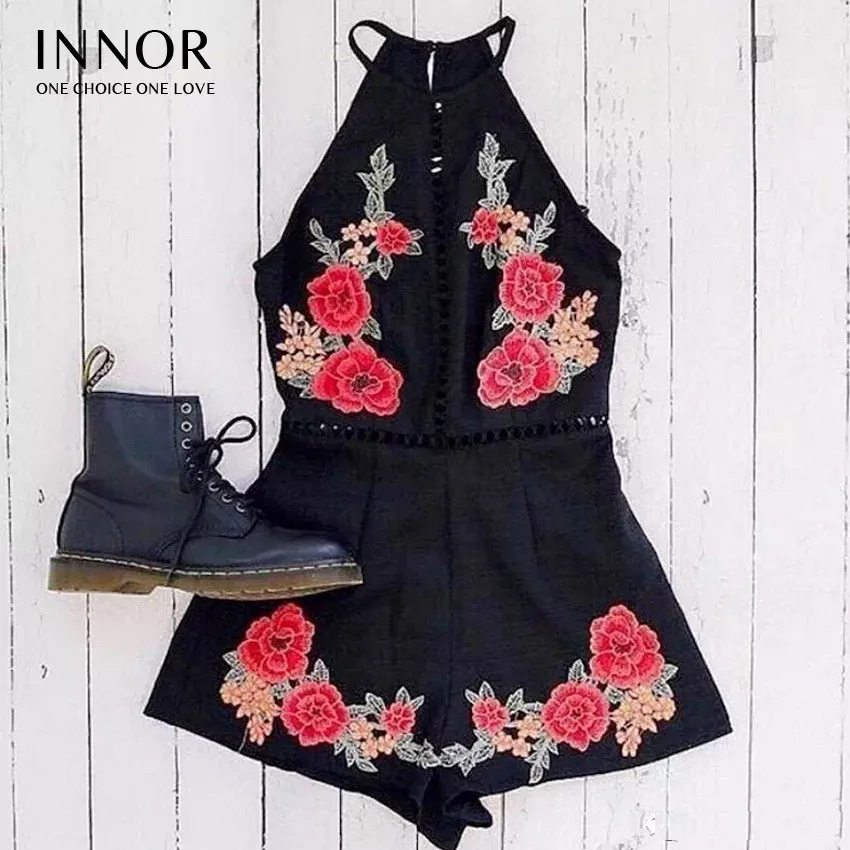 Women 2017 Halter Playsuit Innor Elegant Bodysuit Flower Rompers Embroidery Backless New Sexy Floral Out Summer Hollow n8wdxwgzqZ