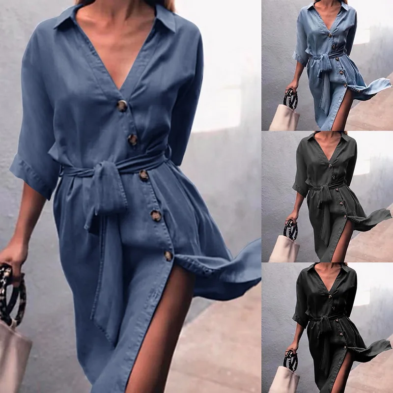 

2019 New Women Sexy Straps Long Dress Solid Deep V Neck Button Skirt Summer Spring Half Sleeve Belt Female Party Beach Wear