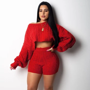 

Knitted 2 Two Piece Set Women Elegant Knitting Outfits Long Sleeve Knit Sweater Tops+Bodycon Shorts Suit Sexy Matching Sets