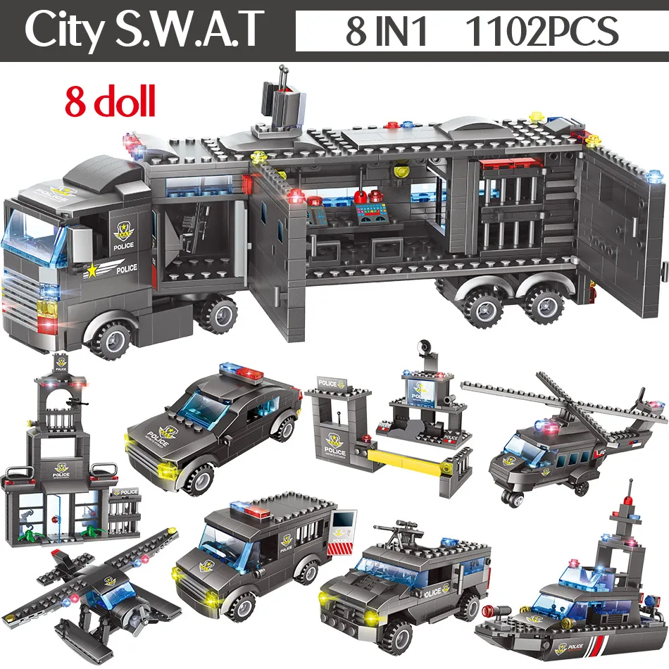 Blocos de Construção Caminhão da Cidade Educacional para Meninos Pces Cidade Polícia Estação Swat Equipe Tijolos Brinquedo Crianças 1102-1122 5 Cheap Blocos