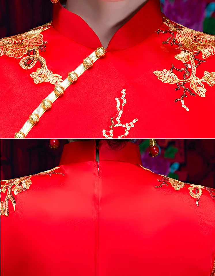Красная Невеста осенняя одежда Винтаж китайский стиль свадебное платье ретро тост одежды Вышивка халат с павлином свадьба Cheongsam Qipao