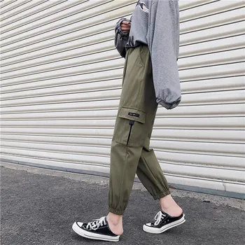 

2019 Casual High Waist Cargo Pants Women Fashion Pockets Loose Trousers Female Lace Up Overalls Solid Pants