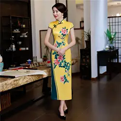 История Шанхай 2018 новая распродажа Цветочный принт Qipao желтый китайские традиционные платья долго Cheongsam Китайский женское платье