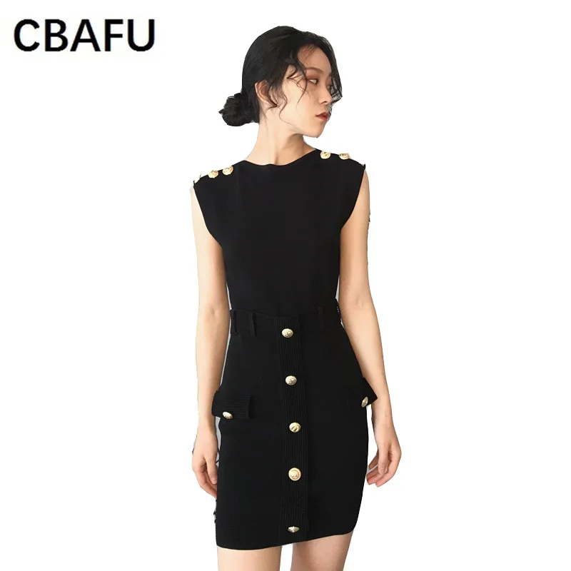 

CBAFU women balck knitted 2 pieces set sleeveless tops gold button mini skirt suit slim office wear work women suit SetsN505