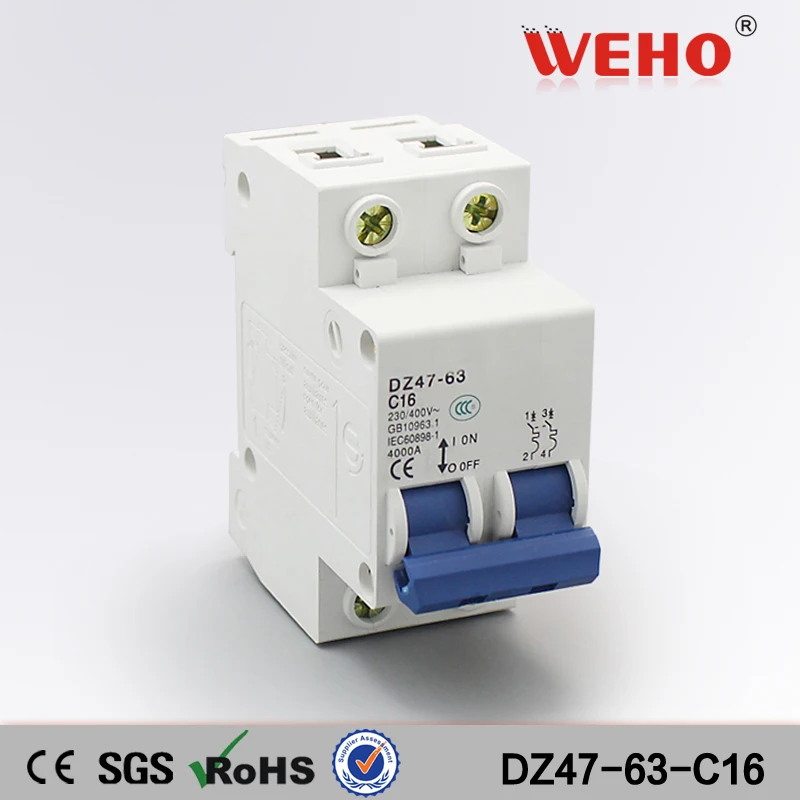 

DZ47-63-C16 16A Promotional Product Mini Type 2 Poles Number Electronic MCB Miniature Circuit Breaker