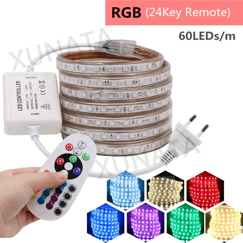 5050 RGB Светодиодная лента Водонепроницаемая 220 В ЕС Сенсорный пульт 24Key светодиодный светильник 60 Светодиодный s/m 120 светодиодный s/m двухрядная гибкая лента светодиодный светильник