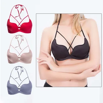 

Women's Invisible Rimless Lingerie Sexy Girls Front Chest Cross Strap Halter Hand Rest Plus Size Bra For Women