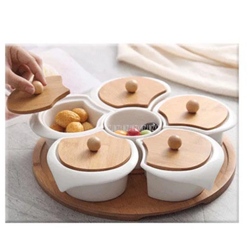 

New Ceramic Storage Dish With Bamboo Tray Creative Separating Box Plate Candy Disc Storage Box Snack Dried Fruit Bowl With Lid