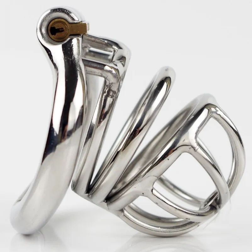 

Steel Chastity Cock Cage Classic Men Penis Restraint Device with 4 Size Arc Base Ring Stealth Lock Can Add Urethral Catheter