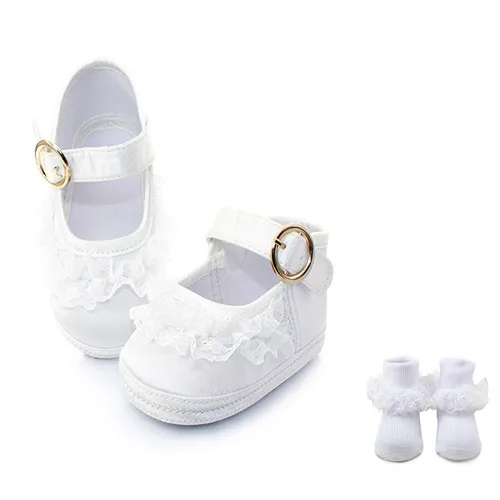 Delebao/чисто-белое христианское распятье; кружевная обувь с металлической пряжкой для маленьких девочек+ носки для крещения для детей 0-12 месяцев при оптовой продаже - Цвет: A