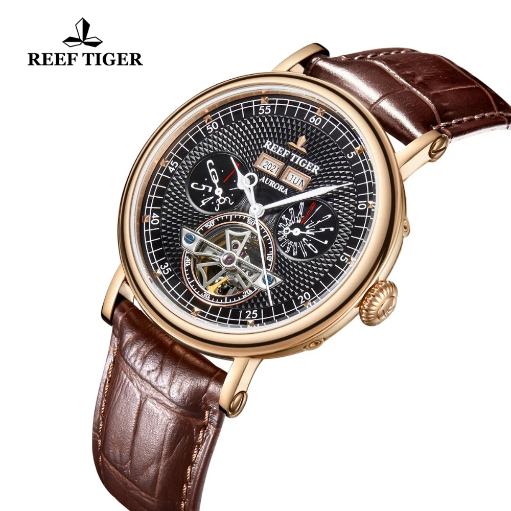 Риф Тигр/RT люксовый бренд Мужские часы сапфировое стекло автоматические часы коричневый кожаный ремешок функциональные турбийон часы RGA1903