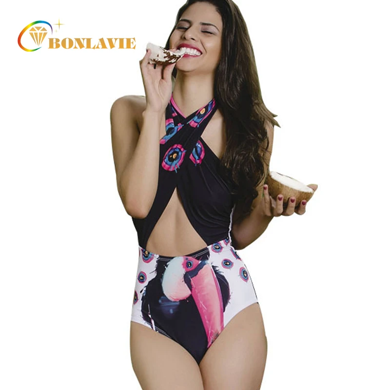 

2018 New One Piece Swimsuit Women Sexy Flamingo Printing Swimwear Monokini High Waist Bikinis Halter Neck Swim Suit