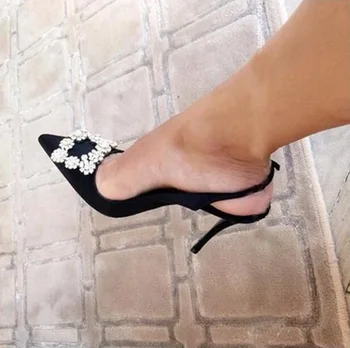 

Ladies Shoes Woman Crystal Buckle Strap Pumps High Heels Slingback Satin Sapato Feminino Black Pointed Toe Cut-out Wedding Shoes