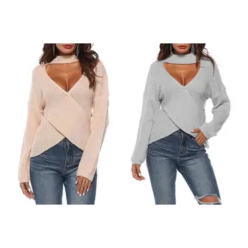 

Long Sleeve Cross Irregular Deep V Neck Women Knitted Tops Pullovers Clothes Autumn Fashion Simple Solid Color Soft Sweater