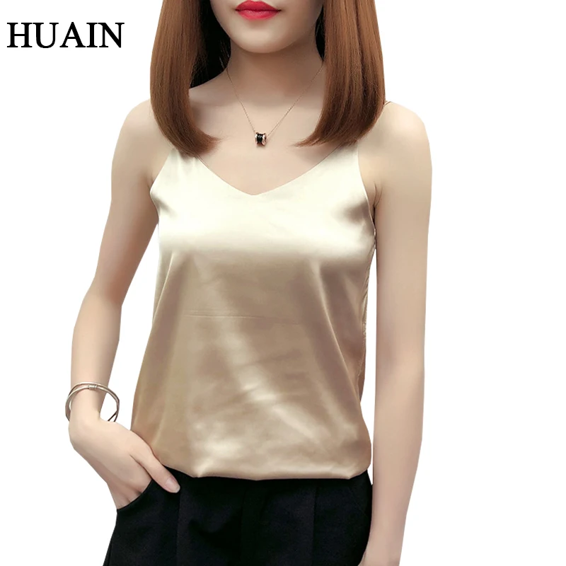 

Summer Casual Women Tank Top Camis Satin Sleeveless Female Shirt 2019 Solid Color Sweet Tank Top Vest V-Neck Loose Women Shirt