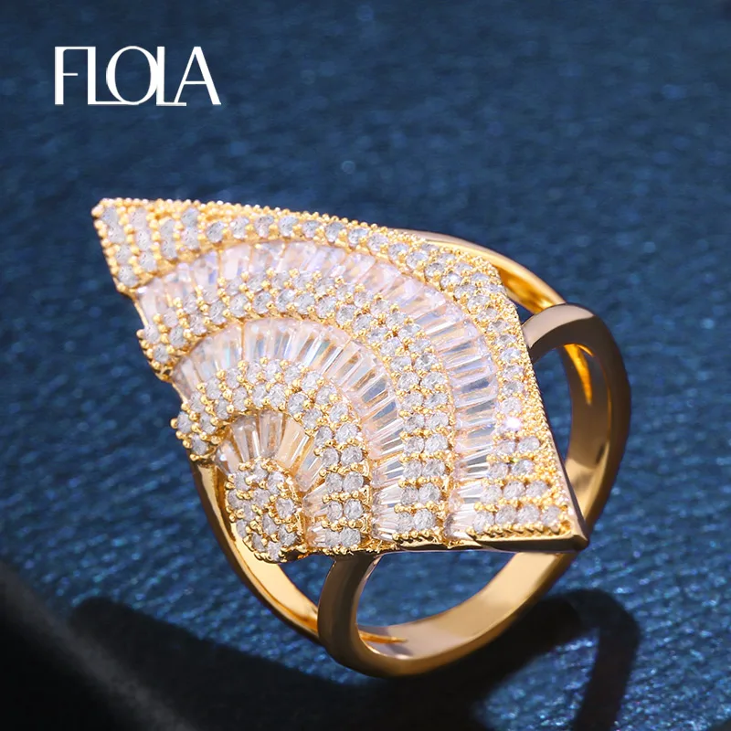 

FLOLA Gold Cubic Zirconia Crystal Promise Luxury Ring Geometric Big Shield CZ Stone Paved Silver Ring Luxury Jewelry rigf71