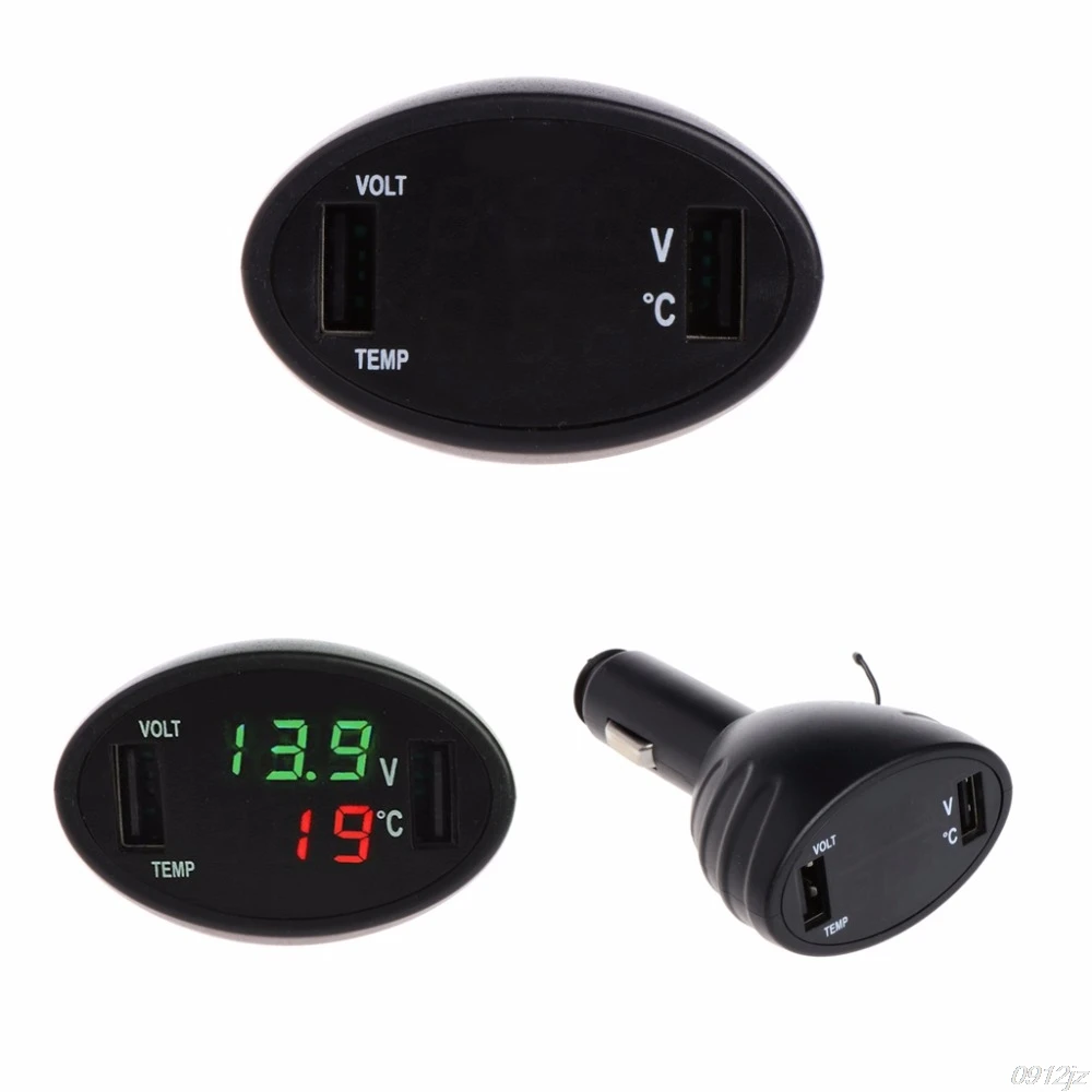 Car Digital LED Thermometer Voltmeter Auto USB Charger Battery Monitor