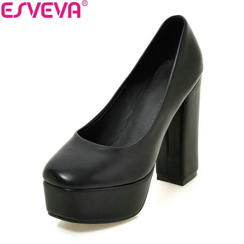 

ESVEVA 2019 Women Pumps Platform Western Style Brown Women Wedding Shoes Thick High Heels Square Toe Slip on OL Shoes Size 34-39