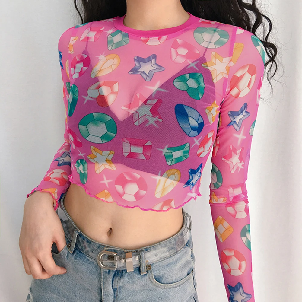 

Fashion Slim Mesh Gauze Soft Long Sleeve Gem Printed Women T-shirt Bottoming Summer Sweet O Neck Casual Crop Top Streetwear